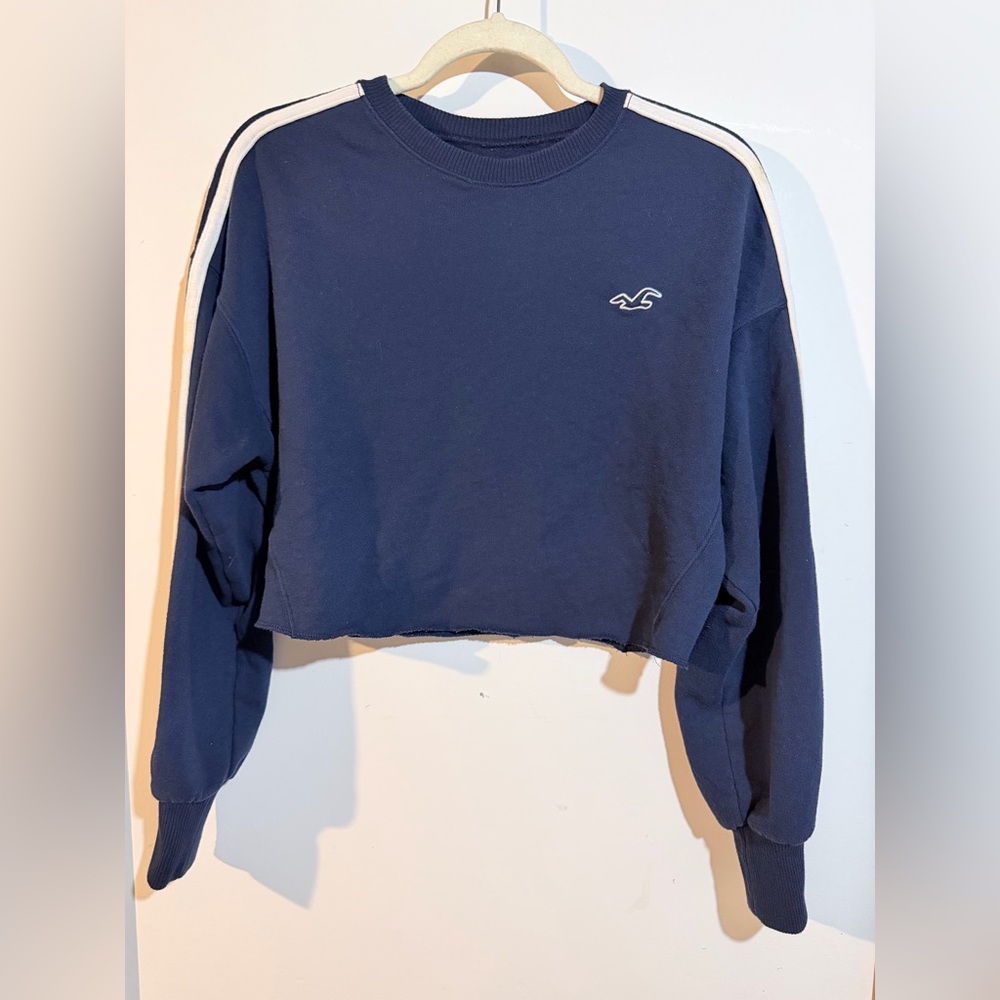 Hollister Navy Cropped Sweatshirt with White Shoulder Stripes